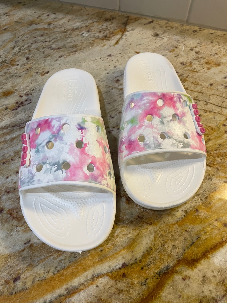 Crocs Women’s 10 White Slide With Pink/Gray/Green Tie Dye Effect Euc